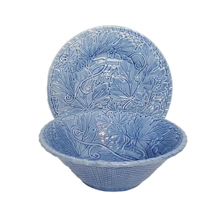 Majolica Serving Bowl Platter Set Blue Squash Leaves Leaf Blossoms Basketweave - Picture 1 of 10
