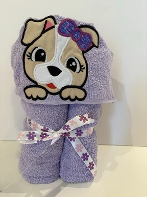 Girl Puppy Hooded Bath Towel  Handmade By Nana/ Purple - Image 1 of 3