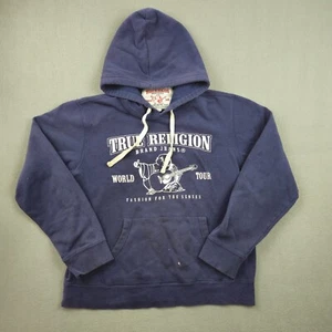 VTG True Religion Spellout Logo Pullover Hoodie Mens L Navy Blue Y2K Hiphop NYC - Picture 1 of 11