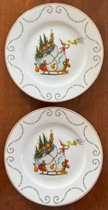 Dr. Seuss Set of 2 The Grinch Who Stole Christmas with Horn & Sleigh 8" Plates - Picture 1 of 5