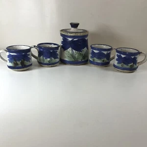 Set of Four Demitasse Cups or Mini Mugs, And Sugar Bowl With Lid. Studio Pottery - Picture 1 of 9