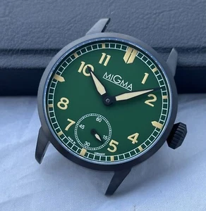 MIGMA PILOT GREEN ST STEEL BLACK PVD ST36 TYPE UNITAS 6498 SAPPHIRE GERMANY - Picture 1 of 23