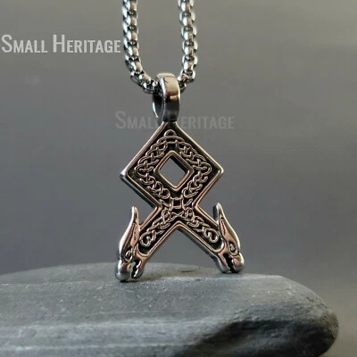 Viking Othala Odal Rune Pendant Stainless Steel Wolf Heads Necklace Norse Amulet - Image 1 of 4