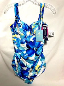 Caribbean Joe Blue  Multicolor Ruched One Piece Swimsuit Sz 10 NWT - Picture 1 of 5