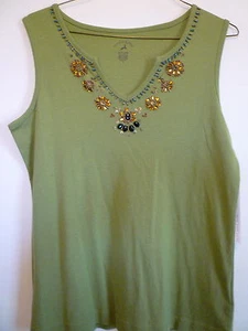 New Womens Small 4 6 green beads sequins v-neck tank top sleeveless tee cami - Picture 1 of 3