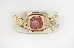 Moderner bicolor Goldring rosa Turmalin, Tansanit und Diamant 18k/14k - Bild 1 von 4