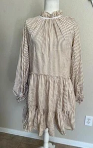3.1 Phillip Lim sz 2 dress tan white striped tiered l/s high neck cotton - Picture 1 of 4