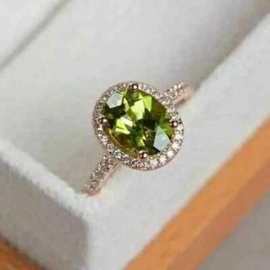 2.5Ct Oval Cut Lab Grown Green Peridot Diamond Halo Ring 14k Rose Gold Plated - Picture 1 of 6