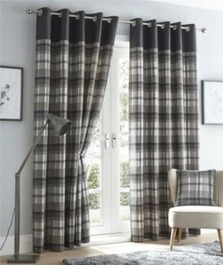 Grey curtains eyelet ring top lined curtains tartan check ready made - Picture 1 of 10