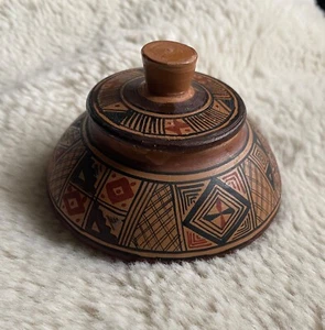 Aztec Pottery Bowl Lid Dish Art 3.5" Round Covered Trinket Jewelry Box - Picture 1 of 7