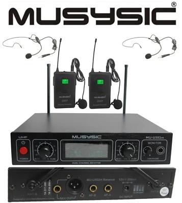 MUSYSIC Professional Dual Channel UHF Lapel Lavalier Wireless Microphone System - Image 1 of 4