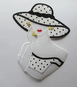 #2813LB Thinking Fashion Lady,White Dress,Big Hat,Flower Earrings Applique Patch - Picture 1 of 1