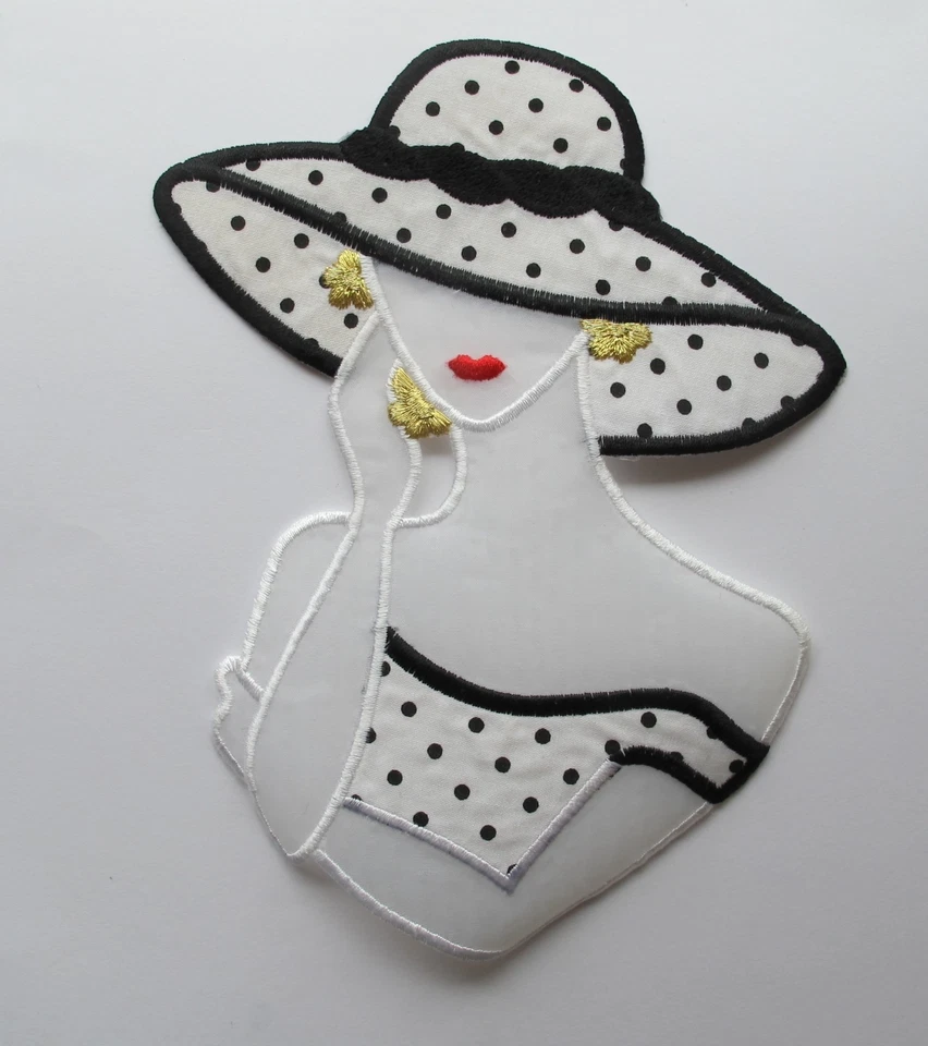 #2813LB Thinking Fashion Lady,White Dress,Big Hat,Flower Earrings Applique Patch - Image 1 of 1