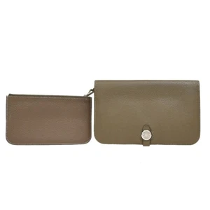 RFHERMES Logo Dogon GM Long Bifold Wallet Square N Leather Brown France 88RF420 - Picture 1 of 15