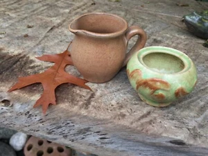 ANTIQUE/ EARLY 20thC MINIATURE POTTERY JUG AND POSY VASE POSSIBLY DENBY - Picture 1 of 8