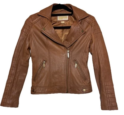 Michael Kors Moto Butter 软皮夹克女式 XS 码全拉链棕色 — 第 1/4 张图片