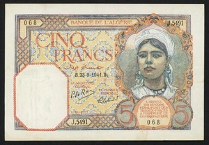 Algeria WWII 1941 5 Francs Banknote - Pick 77b - VF+ - 2nd to Last Issue Date! - Picture 1 of 3