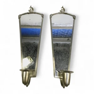 Antique pair of pewter wall candle holders with mirror - decorative candle - Picture 1 of 7