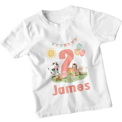 Personalised James Farm Animals 2nd Birthday Boys Kids T-Shirt Custom Name - Image 1 of 4