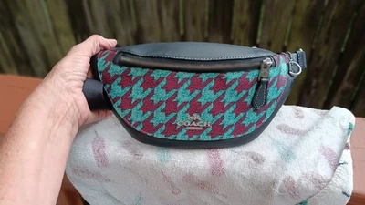COACH  WARREN  MINI BELT BAG  HOUNDSTOOTH PRINT FANNY PACK TEAL/WINE CJ711 - Image 1 of 4