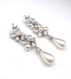 3.40Ct Round Cut Natural Pearl Drop/Dangle Earrings 14K White Gold Plated - Picture 1 of 8