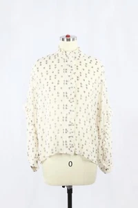 MASSIMO DUTTI Off-White Floral Crinkle Silk High Neck Ruffle Trim Blouse, Size S - Picture 1 of 10