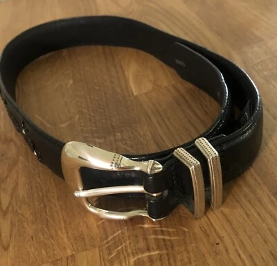 Cinturón Brighton de cuero negro con flores y cuentas plateadas para mujer talla 28 Foto 1 de 4