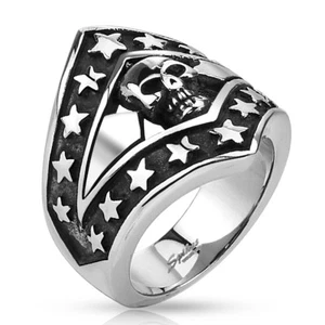 BAGUE CHEVALIERE HOMME ACIER INOX MASSIF TETE DE MORT BIKER PATRIOTE NEUVE Q7024 - Imagen 1 de 1