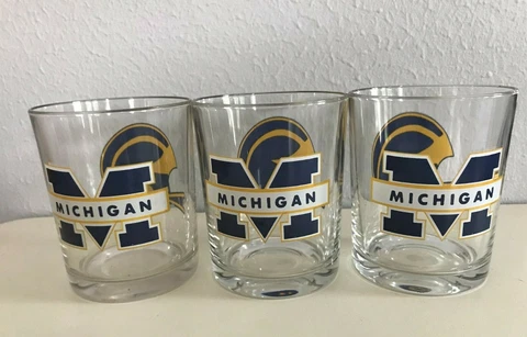 MICHIGAN WOLVERINES Logo 4 1/4" Drinking Glasses 12oz Tumbler Vintage Lot of 3 Cover