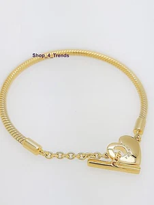 100% Authentic PANDORA 569285C00 Gold Plated Heart T-Bar Charm Bracelet New - Picture 1 of 5