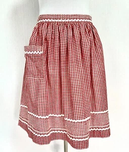 Delantal Vintage Rojo Marfil Bordado Guinga Cintura Corbata Ric Rac Borde Bolsillo Frontal - Imagen 1 de 3
