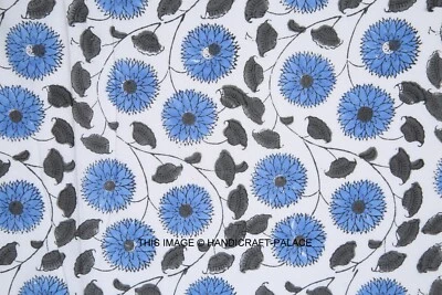 25 Yard Blue Flower Block Print 100% Cotton Voile Sewing Running Fabric Indian - Image 1 of 4