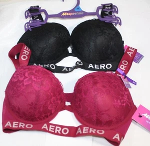 NWT set of 2 AEROPOSTALE PUSH UP bra criss cross LACE BLACK BERRY 34C - Picture 1 of 8