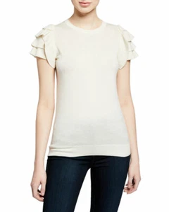 $225 Neiman Marcus Cachemira Marfil Cuello Redondo Mangas Cortas Volantes Top Talla L - Imagen 1 de 8