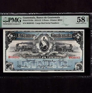 Guatemala 5 Pesos 1915 P-S143c * PMG AU 58 EPQ * seltene Erhaltung * - Bild 1 von 8