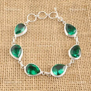 Sterling Silver Pear Cut May Natural Green Emerald Chain Bezel Bracelet Jewelry - Picture 1 of 3