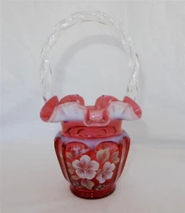 Fenton Hand Painted Cranberry Opalescent Basket "Open Heart Arches" JK Spindler - Picture 1 of 12