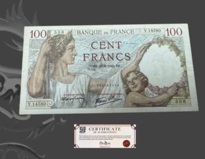 France 100 Francs 1940 Sully type 1939 VF+ folds, pinholes, stains. - Image 1 of 4