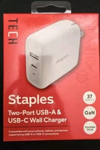 Staples TECH GaN USB-A/USB-C Wall Charger, 37W, White - Picture 1 of 3
