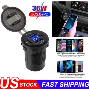 12V-24V PD + QC3.0 Dual USB Car Fast Charger Power Socket Outlet LED Voltmeter - Photo 1 sur 11