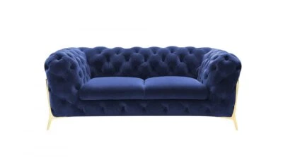 Sofá loveseat de terciopelo azul y dorado 74 Foto 1 de 4