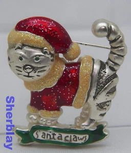 Vintage Cat Santa Claws Hat Silver Tone Enamel Glitter Christmas Brooch Pin - Picture 1 of 3