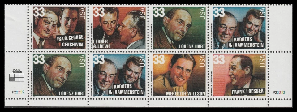 US 3345-3350 3350a Broadway Songwriters 33c plate block 8 L P22222 MNH 1999 - Image 1 of 1