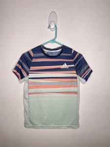 Adidas Active Top Girls Size 11-12 Stripe Short Sleeve Blue Multi Shirt - Picture 1 of 4