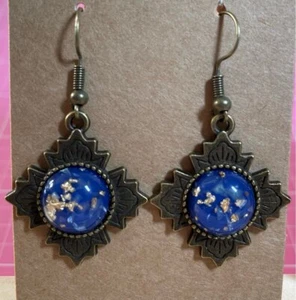 HANDMADE Bronze Plated Blue & Gold Fleck Cabochon Hook Earrings - Picture 1 of 1