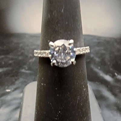 CZ Solitaire Halo Engagement Ring Sz 5.5 925 Sterling Silver Wedding Band - Image 1 of 4