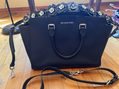 Michael Kors Medium Black Leather With Grayscale Floral Strap - Purse Great - Image 1 of 4