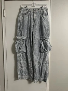 VIRAL WILD FABLE Mid Rise Baggy Cargo Blue/White Striped Wide Leg Pants - Size 6 - Picture 1 of 12