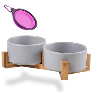 13.5OZ Grey Ceramic Dog Bowl Set, Wood Stand, 5.1 in, Cats, Small Dogs, Pet - Bild 1 von 6