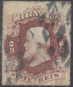 BRAZIL Sc # 62 USED ROULETTED - EMPEROR, 20R RED LILAC - Picture 1 of 1